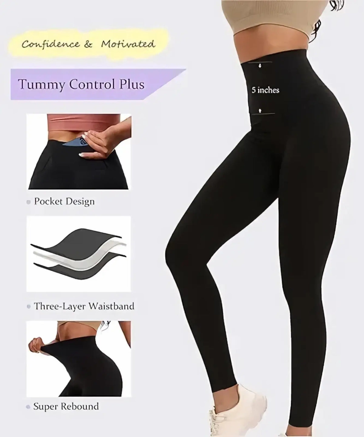 Black high waisted butt lifting compression leggings with three layer waistband and side pocket design