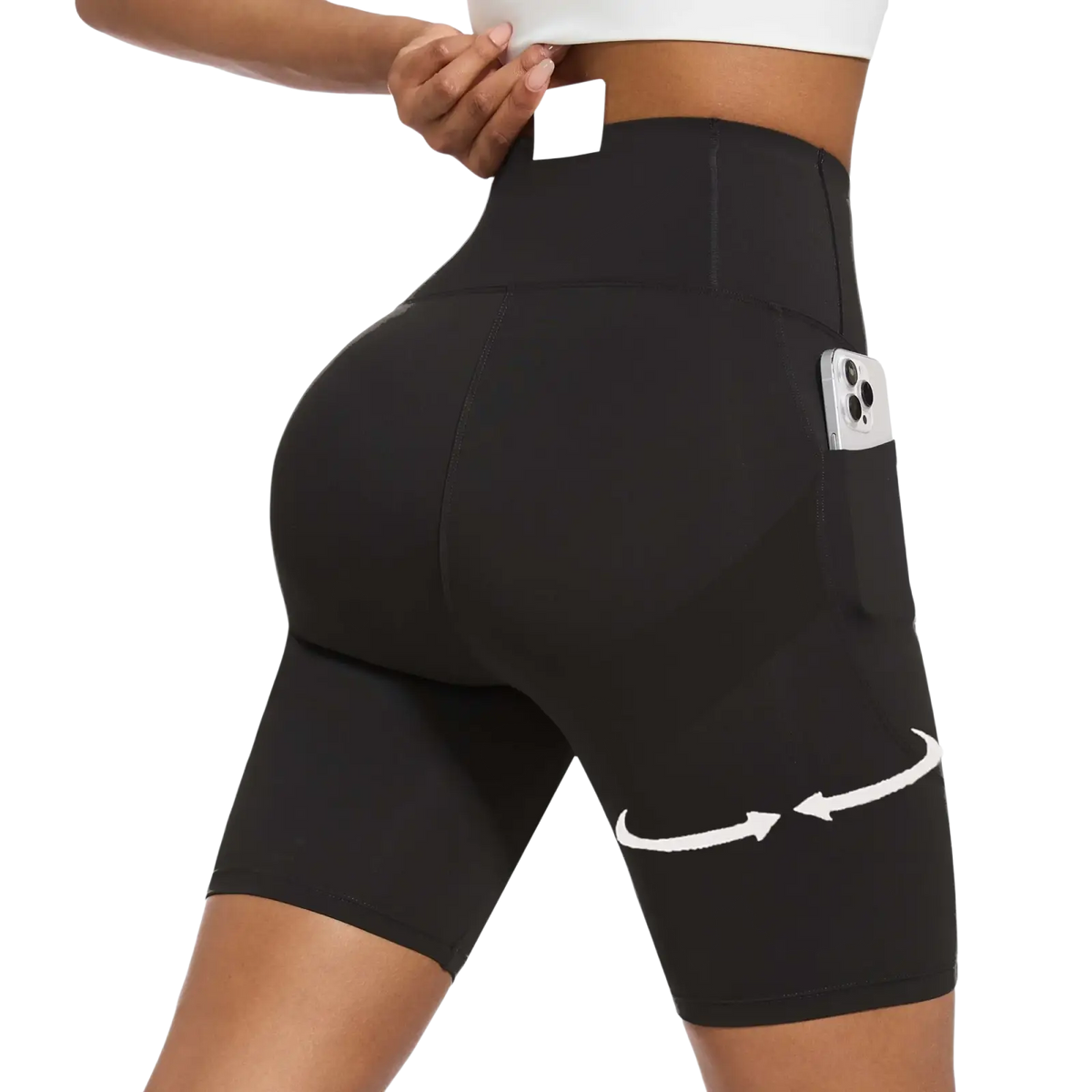 Black high waisted butt lifting compression leggings with a side pocket holding a smartphone visible from the back
