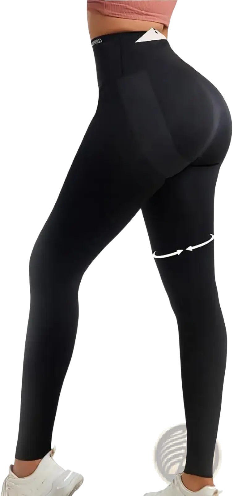 Black high waisted butt lifting compression leggings shown from the back with smooth material and subtle reflective panels