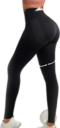 Black high waisted butt lifting compression leggings shown from the back with smooth material and subtle reflective panels