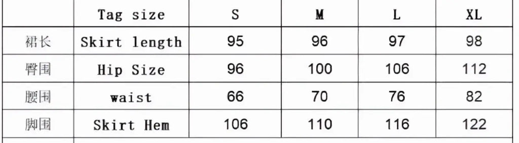 Size chart for black high waisted slit maxi skirt showing skirt length hip waist and hem measurements in centimeters
