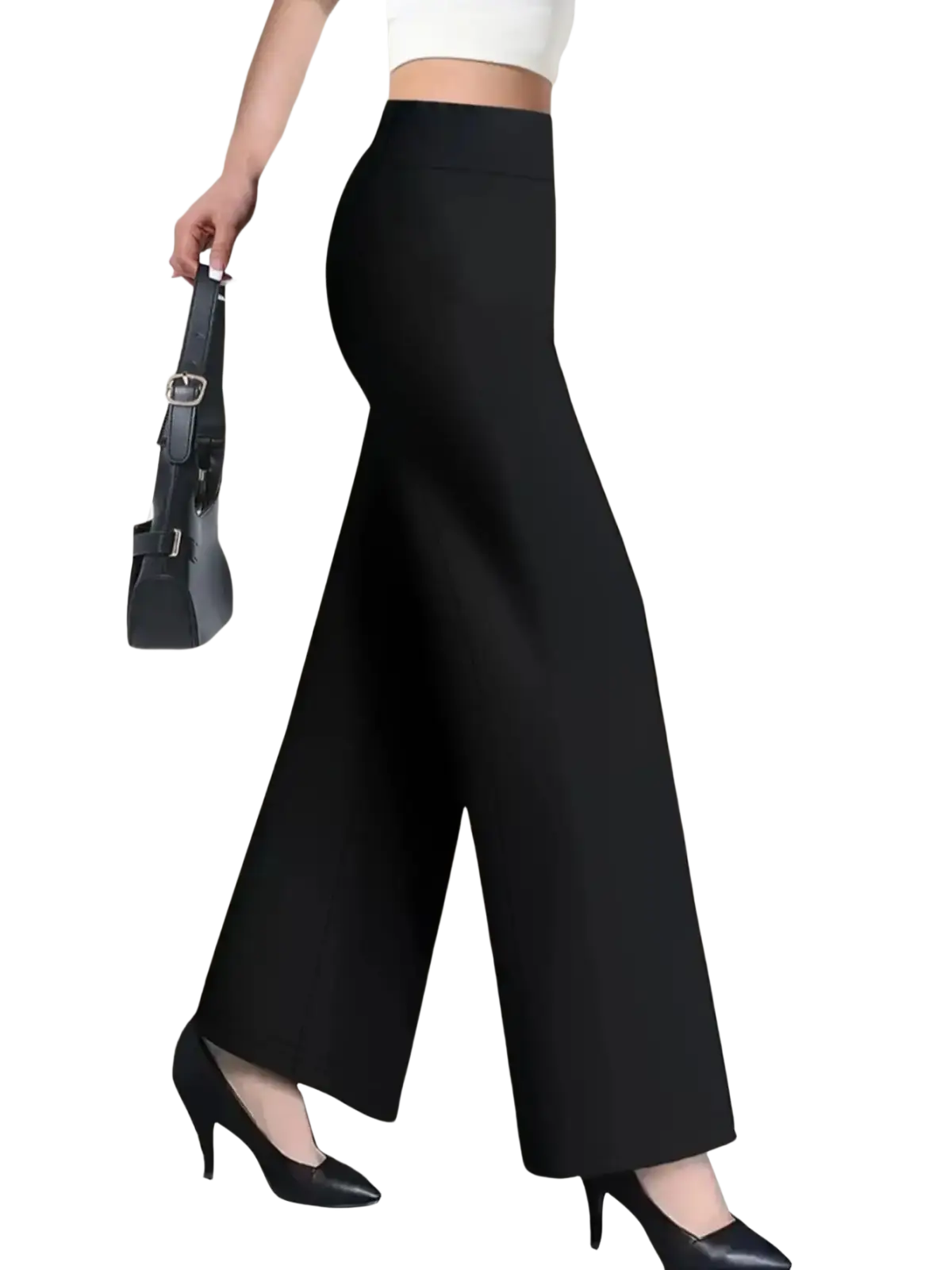 Black high waisted straight leg pants featuring a sleek tailored fit with wide-leg design in black fabric