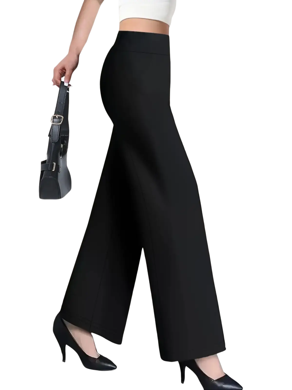 Black high waisted straight leg pants in a sleek tailored fit with wide legs for a modern professional look