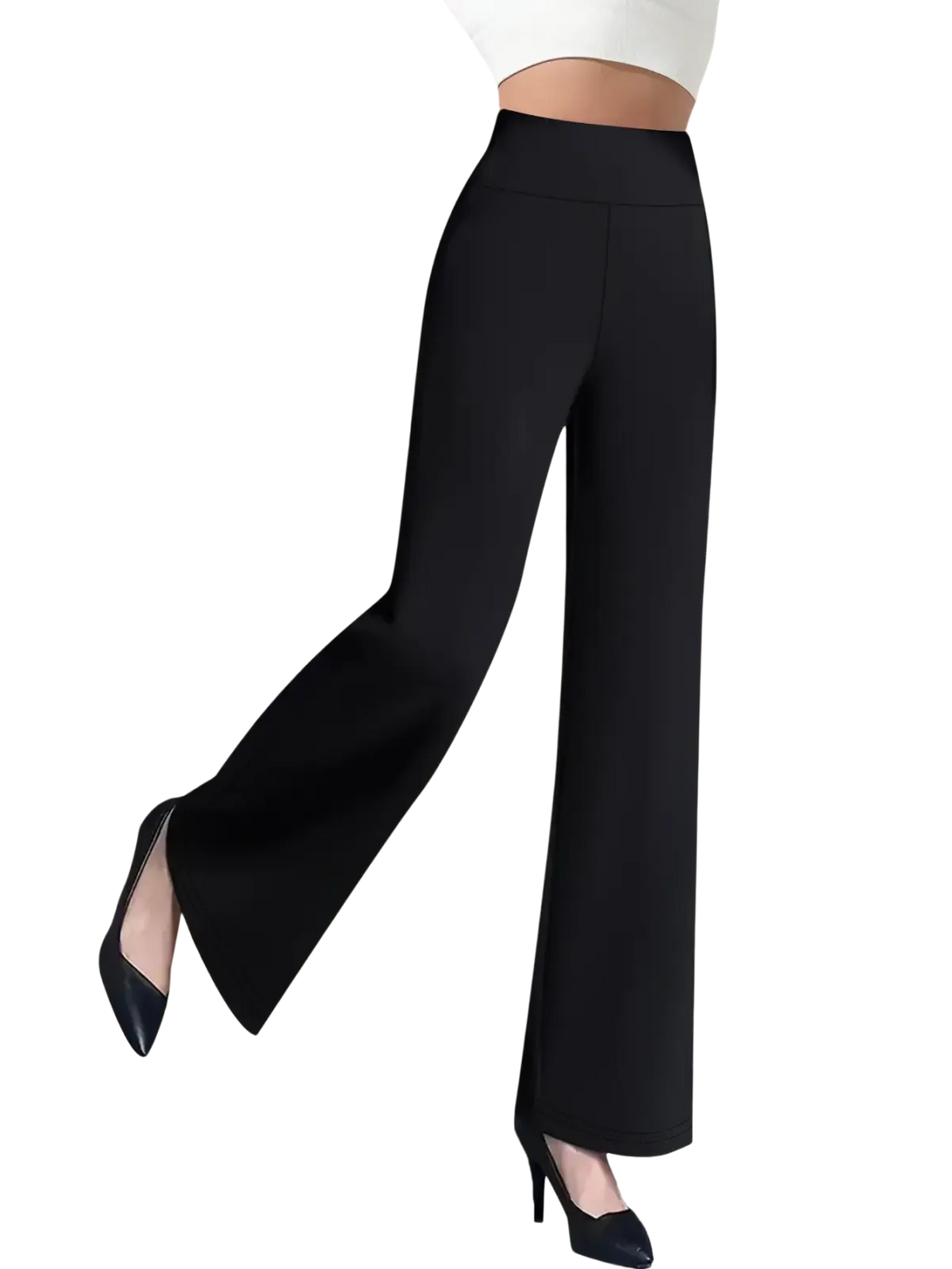 Black high waisted straight leg pants in sleek smooth fabric with a minimalist design and wide leg cut