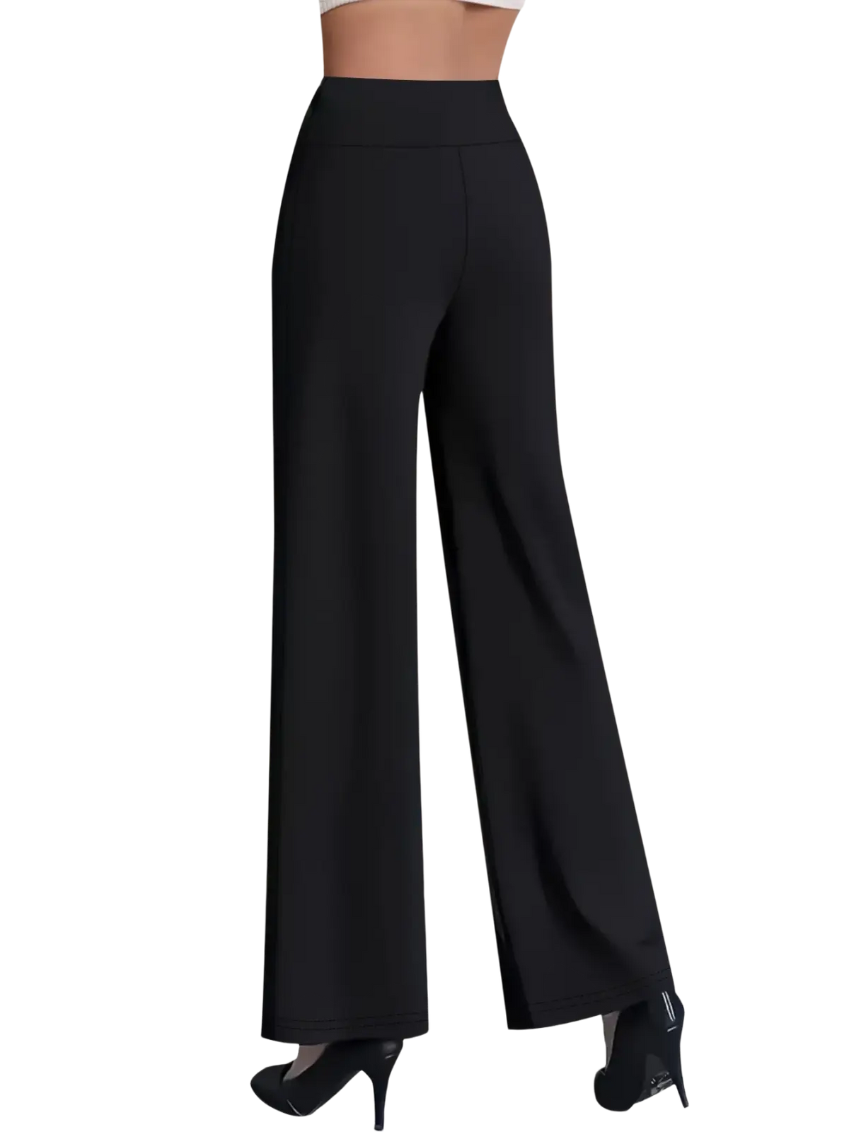 Black high waisted straight leg pants with a smooth sleek fabric and minimalist wide leg design