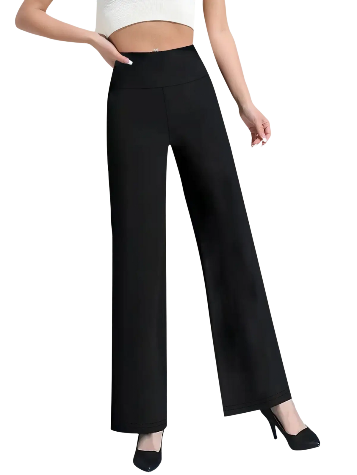 Black high waisted straight leg pants made of smooth sleek fabric with a clean straight cut design