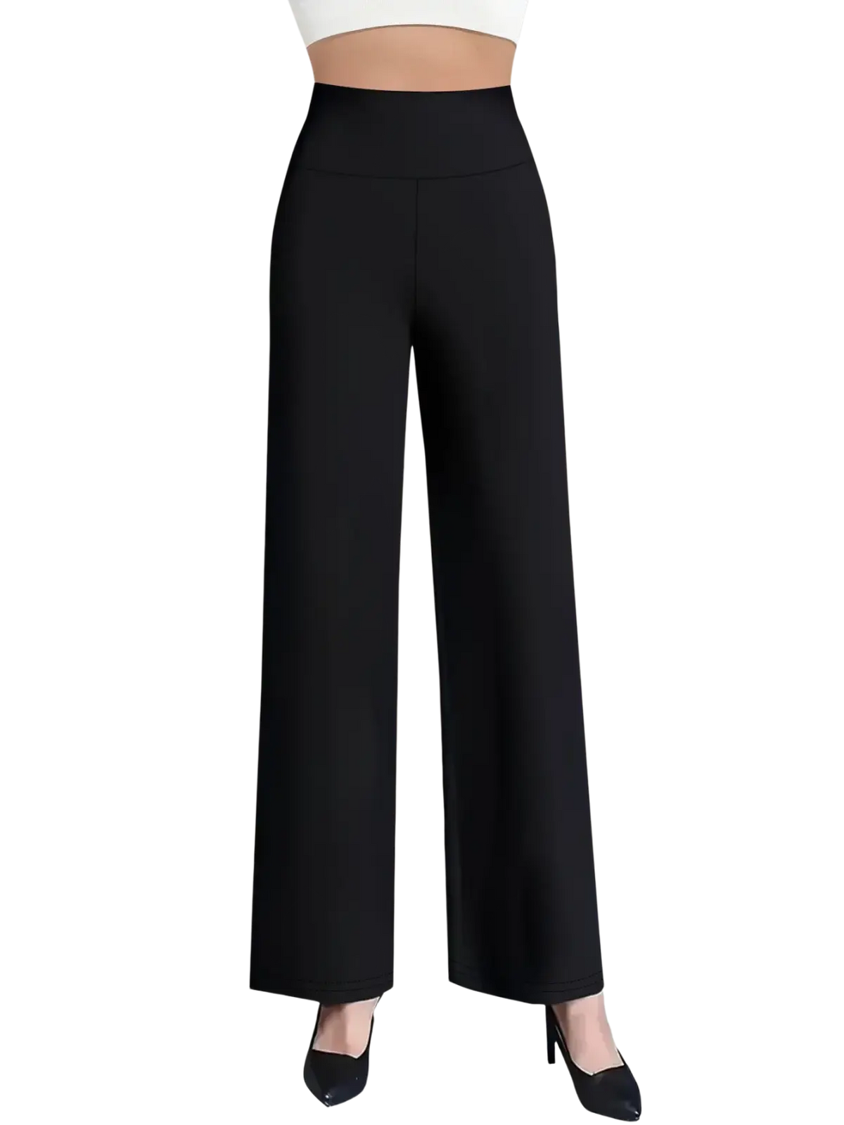 Black high waisted straight leg pants in smooth tailored fabric featuring wide-leg design and sleek black color