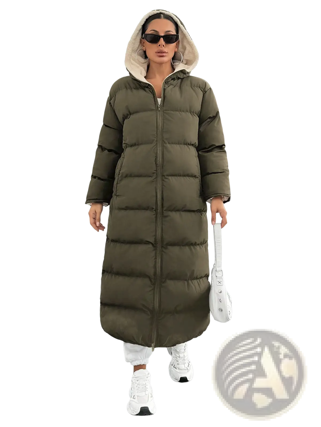 Olive green quilted hooded puffer coat with plush beige-lined interior for warmth and comfort