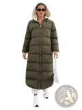 Olive green quilted hooded puffer coat with plush beige-lined interior for warmth and comfort