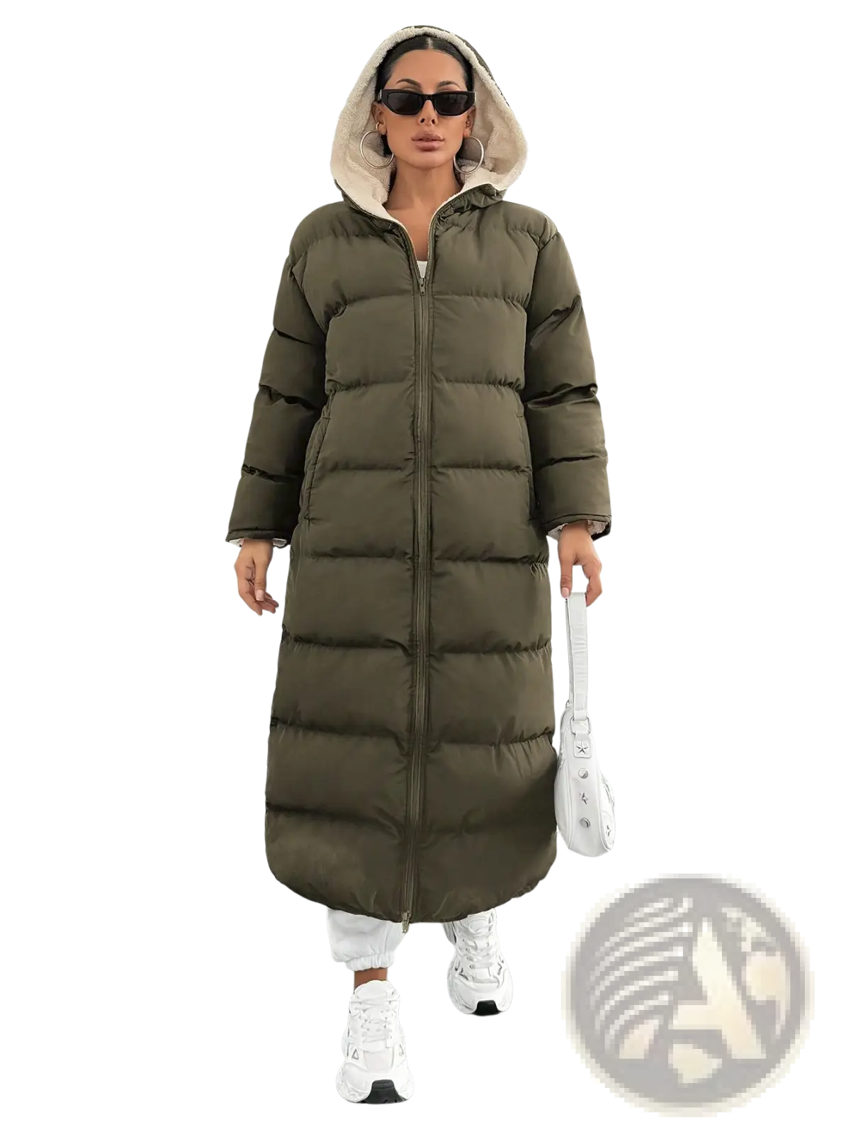 Olive green quilted hooded puffer coat with plush beige-lined interior for warmth and comfort