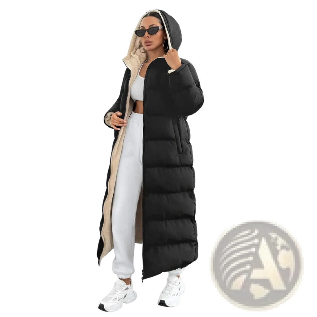 Black hooded quilted long puffer coat with beige shearling-lined hood and front zipper in black color