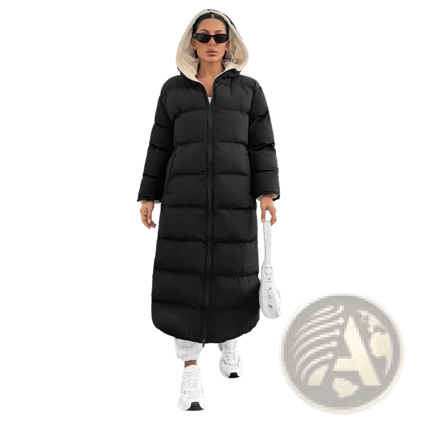 Black hooded quilted long puffer coat with a contrasting beige-lined hood and insulated quilted design for warmth