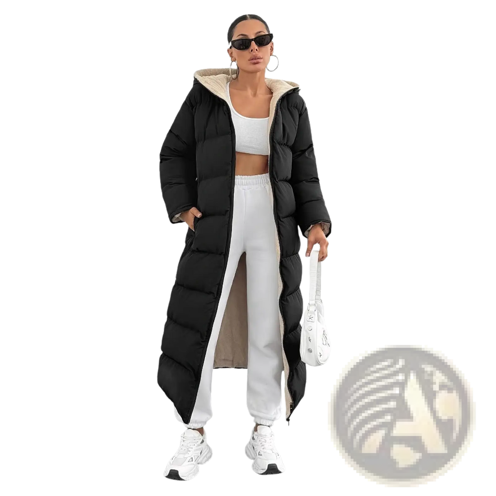 Black hooded quilted long puffer coat with beige shearling lining and front zipper closure in black color