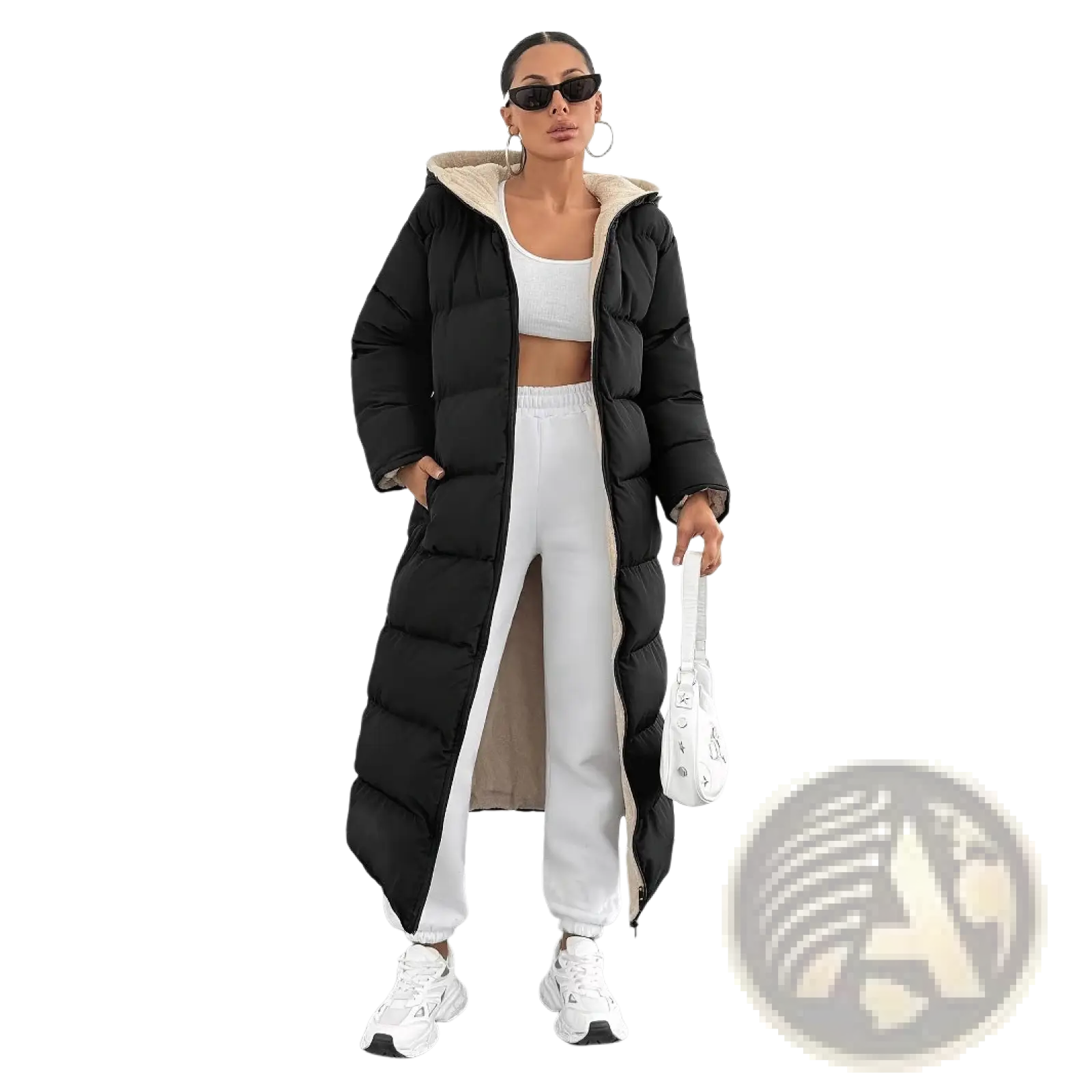 Black hooded quilted long puffer coat with beige shearling lining and front zipper closure in black color