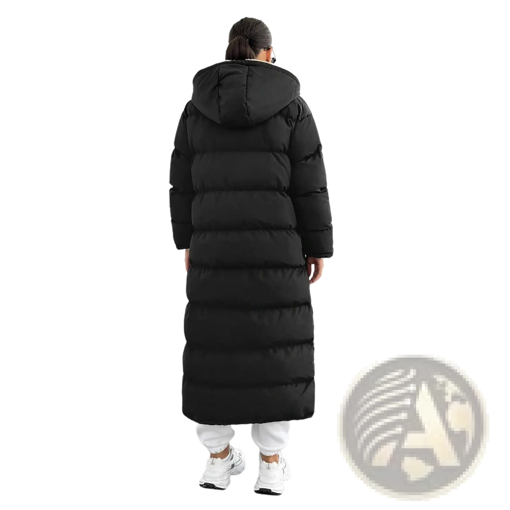 Black hooded quilted long puffer coat featuring horizontal stitching and a warm insulated design