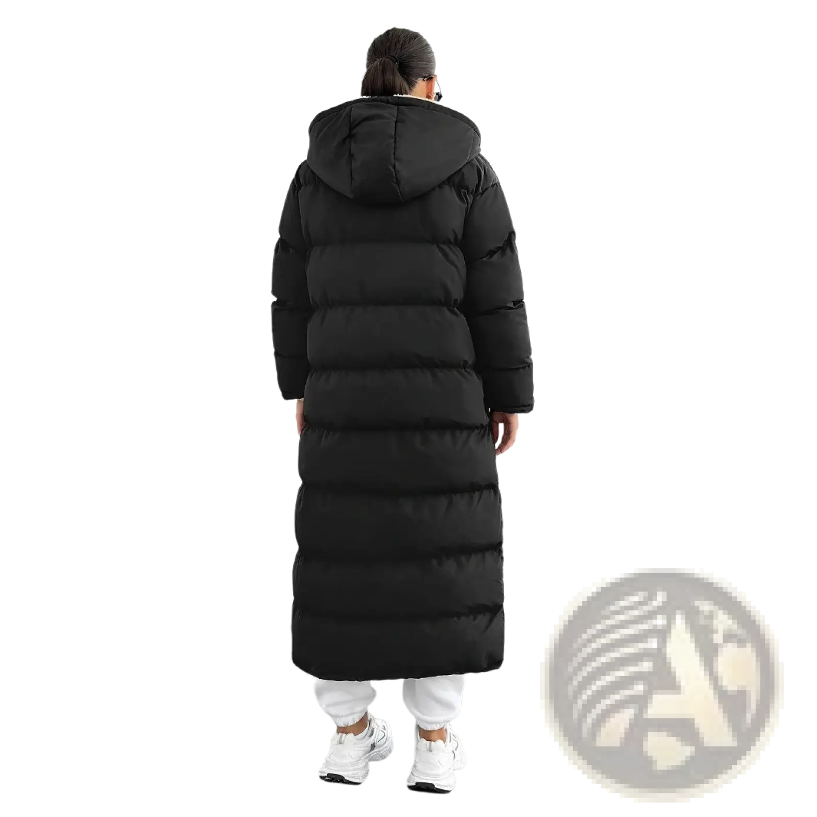 Black hooded quilted long puffer coat featuring horizontal stitching and a warm insulated design