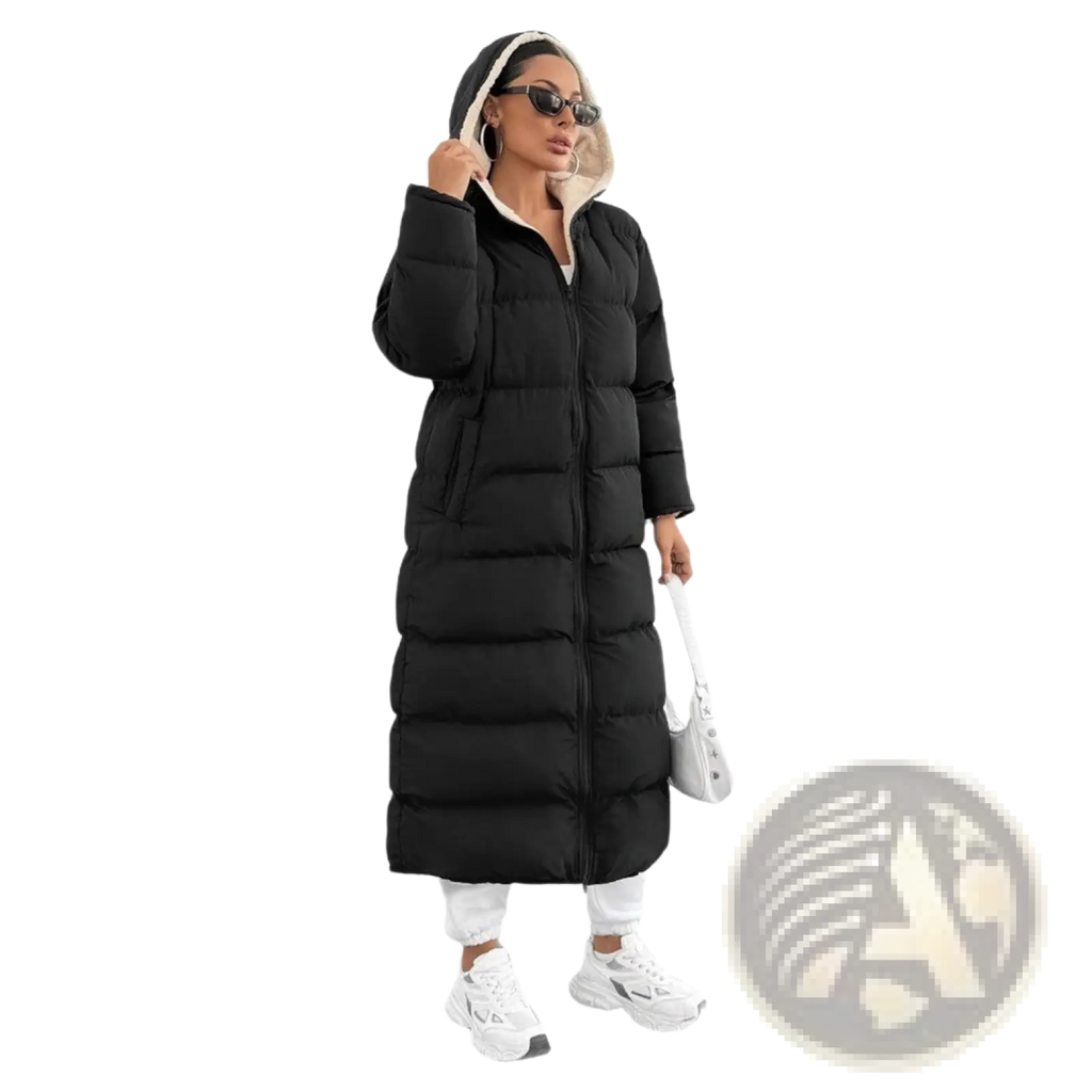 Black hooded quilted long puffer coat with cream fleece-lined hood and quilted panels in black material