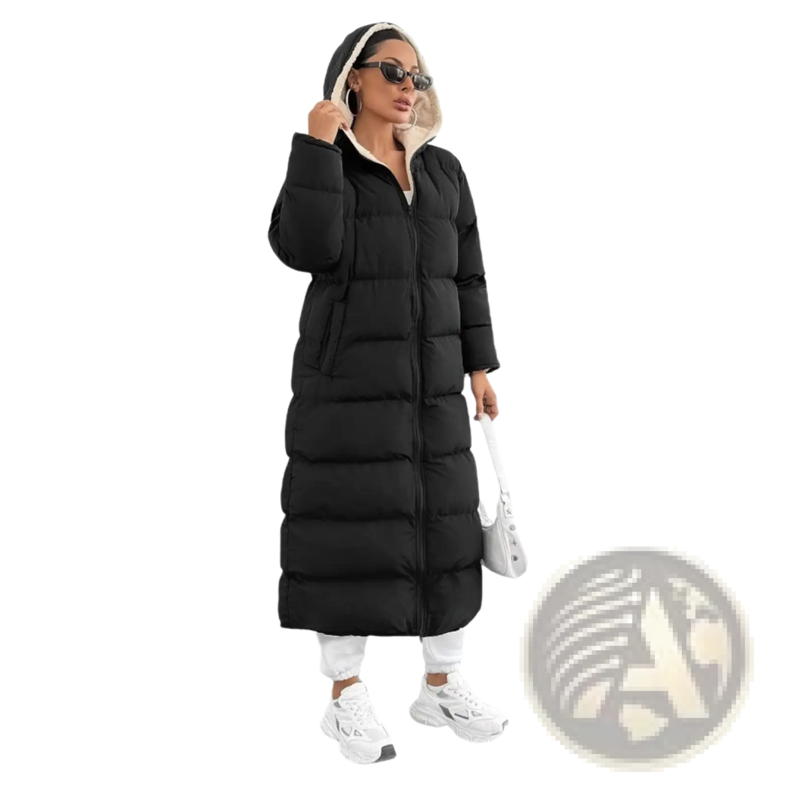 Black hooded quilted long puffer coat with cream fleece-lined hood and quilted panels in black material