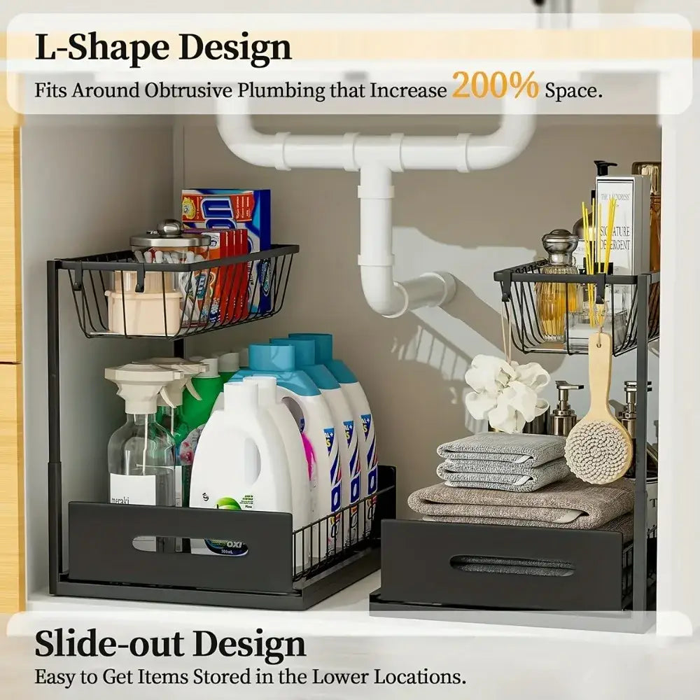 Black l-shaped under sink organizer with sliding drawers and wire baskets for efficient kitchen storage
