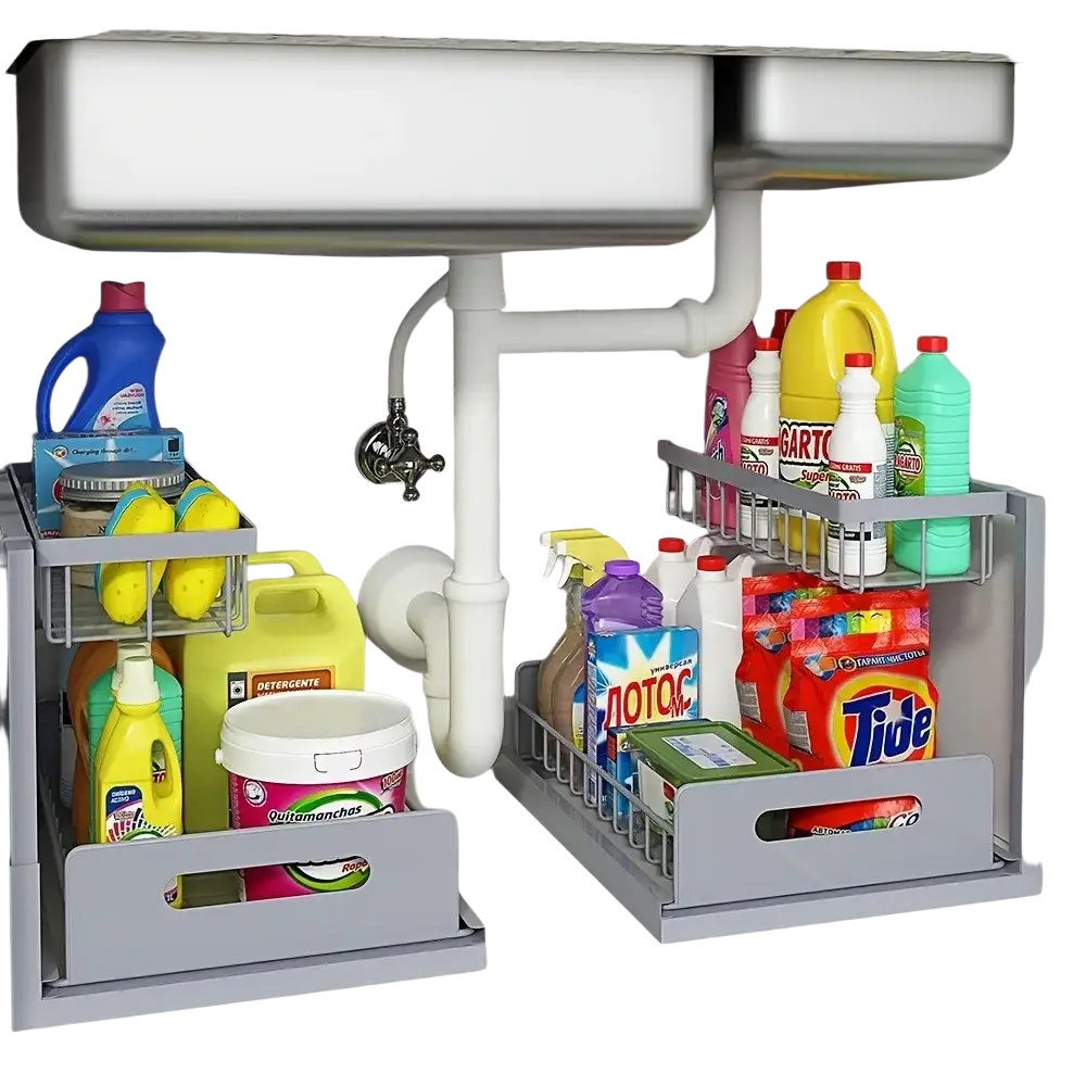 Gray two-tier under-sink organizer with pull-out drawer holding cleaning supplies for black L-shaped sliding drawer unit