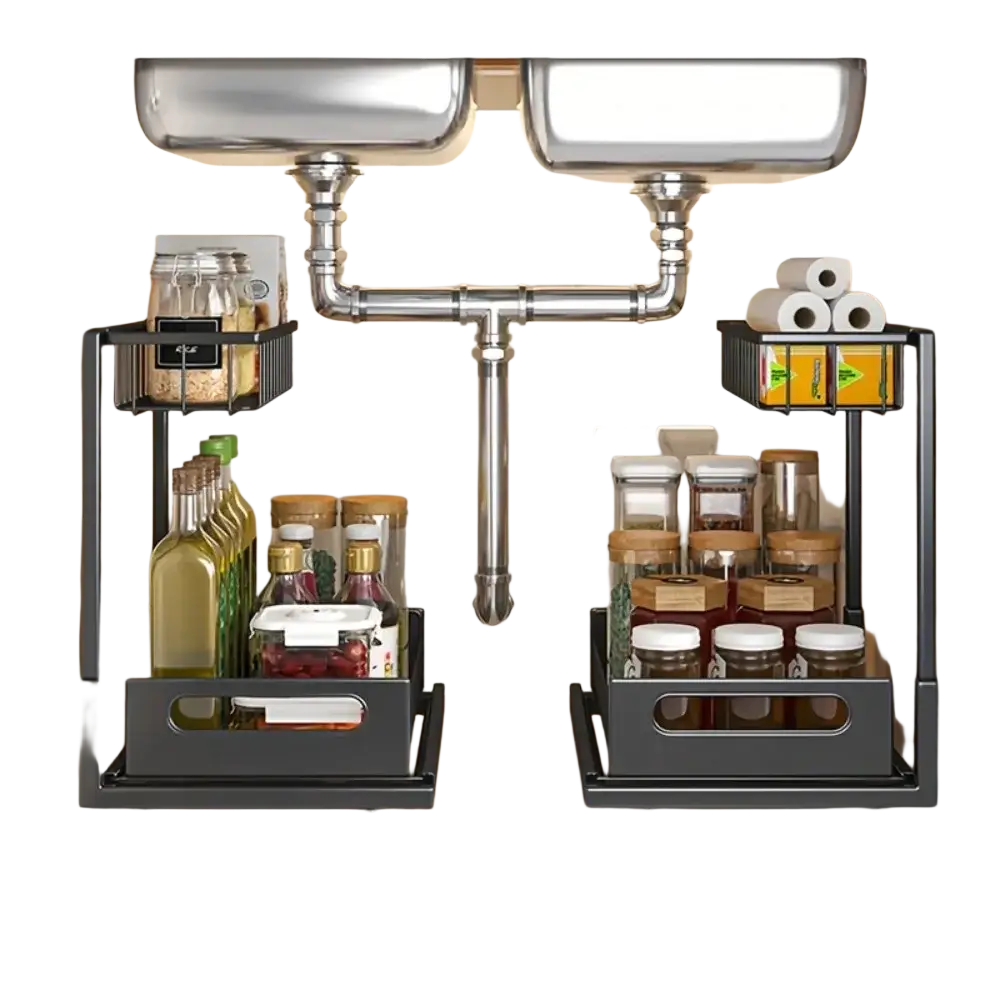 Black l-shaped under sink organizer with sliding trays and black metal wire mesh baskets for kitchen storage