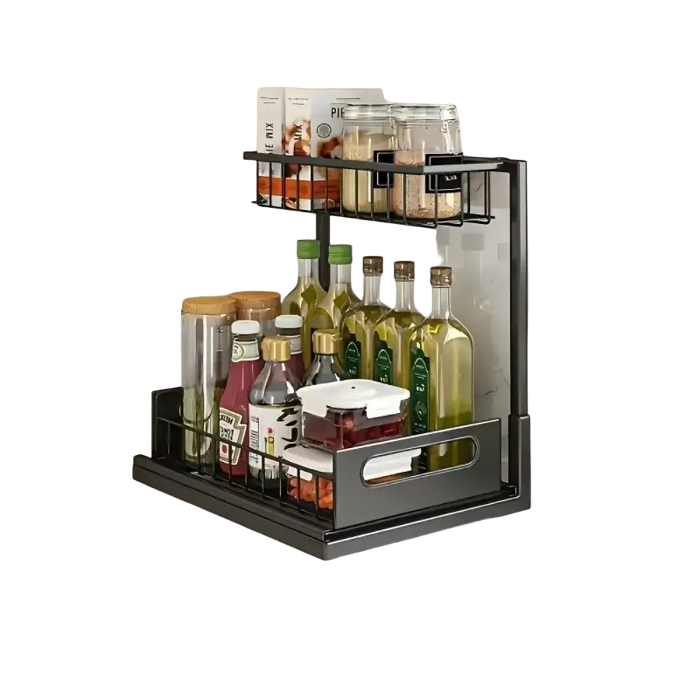 Black metal two-tier l-shaped under sink organizer with wire mesh shelves and sliding drawers for kitchen storage