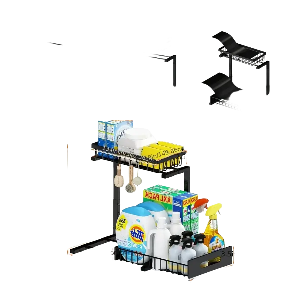 Black l-shaped under sink organizer with sliding drawers featuring black metal two-tier wire mesh baskets for cleaning supplies