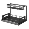 Black l-shaped under sink organizer with sliding drawers featuring a black metal two-tier wire mesh rack with handle cutouts