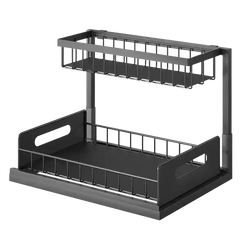 Black l-shaped under sink organizer with sliding drawers featuring a black metal two-tier wire mesh rack with handle cutouts
