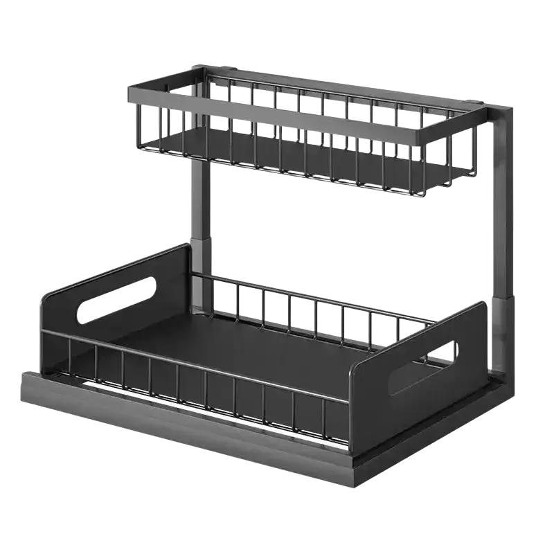 Black l-shaped under sink organizer with sliding drawers featuring a black metal two-tier wire mesh rack with handle cutouts