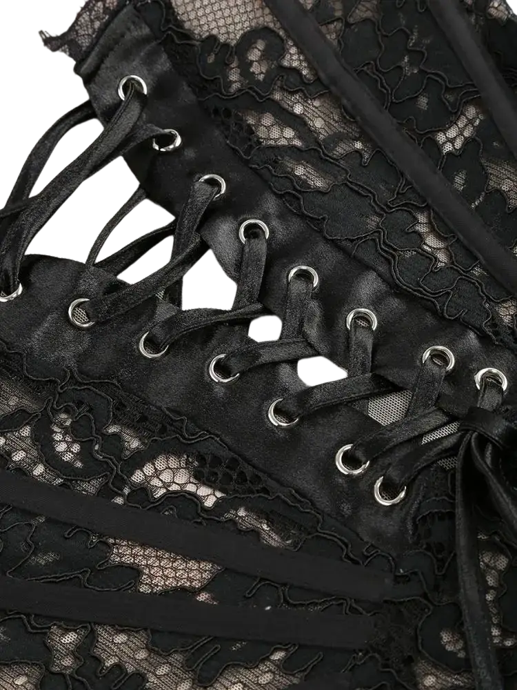 Black lace corset party dress with satin lacing and silver-toned metal eyelets in a lace fabric design