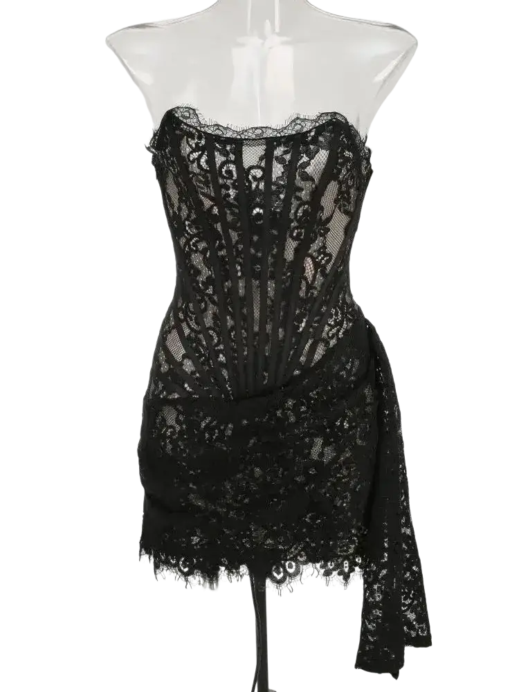 Black lace corset party dress featuring intricate floral patterns and a fitted structured bodice made of lace