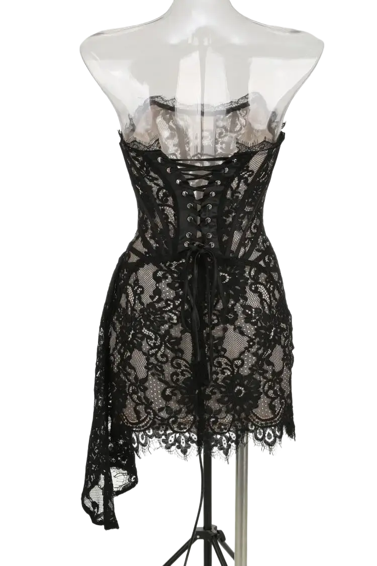 Black lace corset party dress featuring intricate floral patterns and a front lacing system