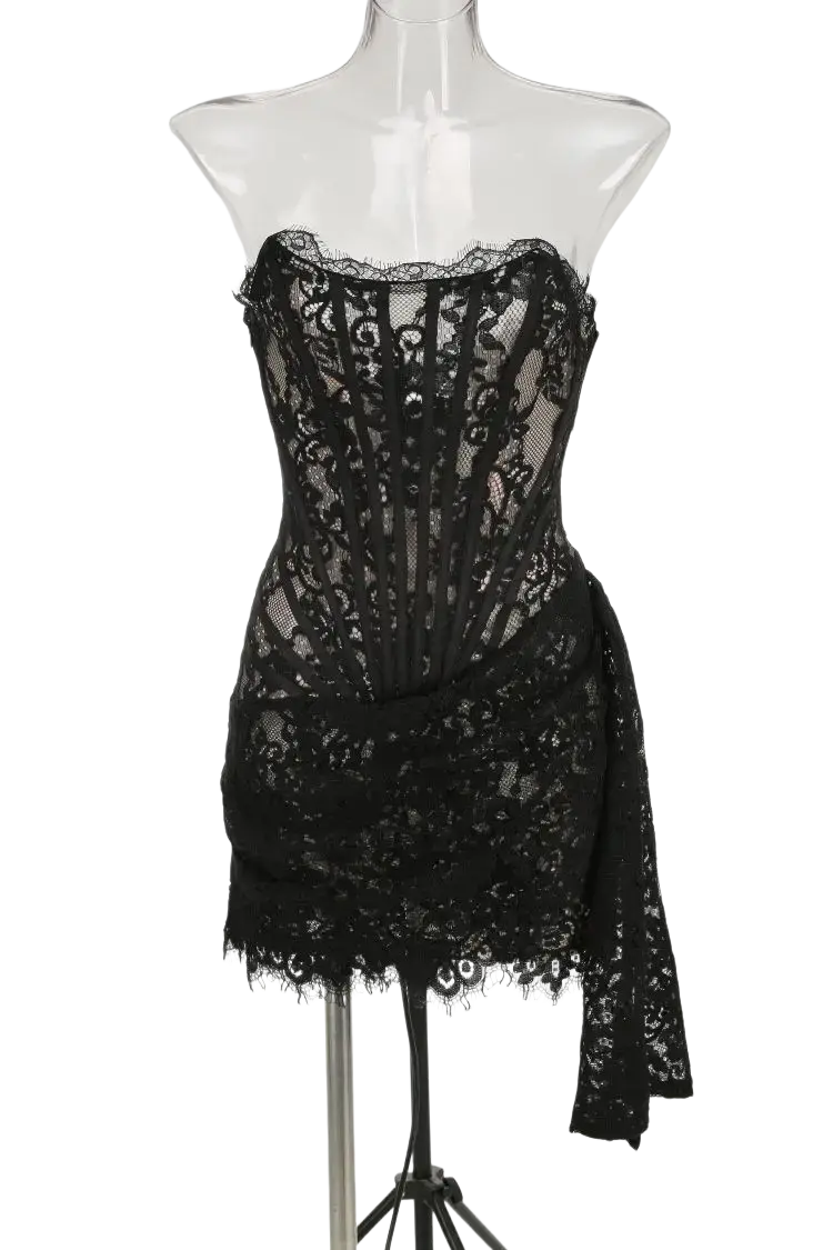Black lace corset party dress with intricate floral lace patterns and draped asymmetrical hem for elegant occasions