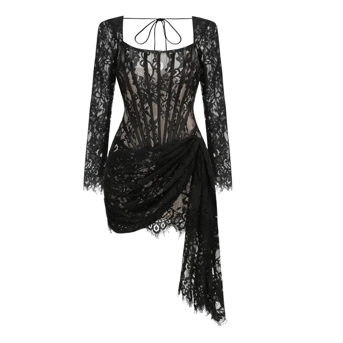 Black lace corset party dress with long sleeves square neckline and asymmetrical draped skirt