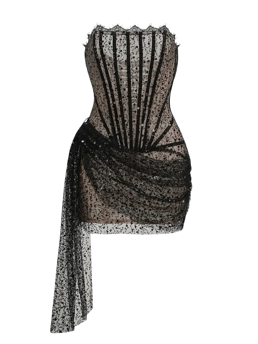 Black lace corset party dress featuring sequined detailing and a draped asymmetrical skirt in elegant design