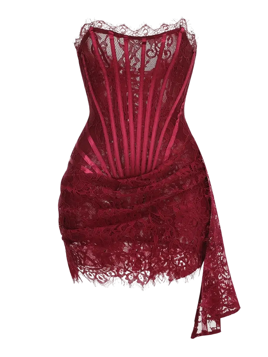Black lace corset party dress in deep red lace with fitted bodice satin ribbons and asymmetrical skirt