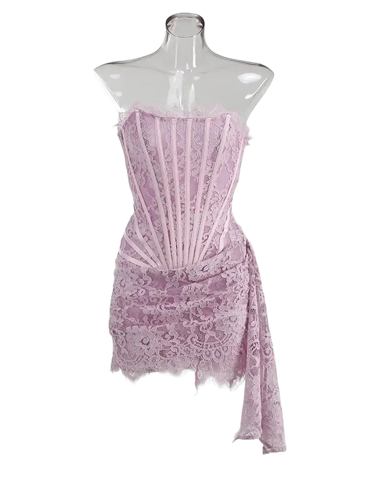 A black lace corset party dress featuring a delicate lavender lace corset with fitted bodice and asymmetrical skirt