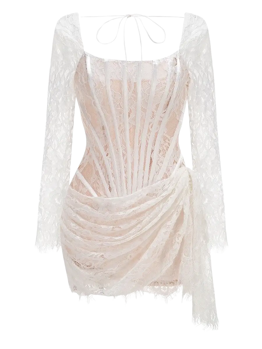 White lace corset party dress with long sleeves square neckline and draped waist fabric detailing