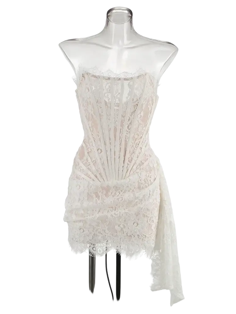 Black lace corset party dress with delicate white lace fitted bodice and flared skirt on clear mannequin