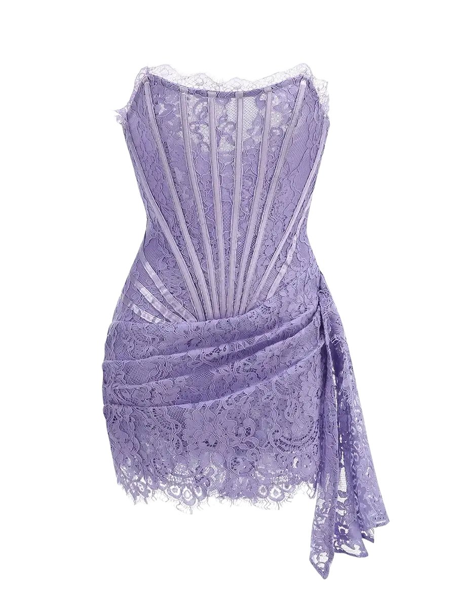 Black lace corset party dress with lavender lace, fitted bodice, ruched skirt, and delicate scalloped trim