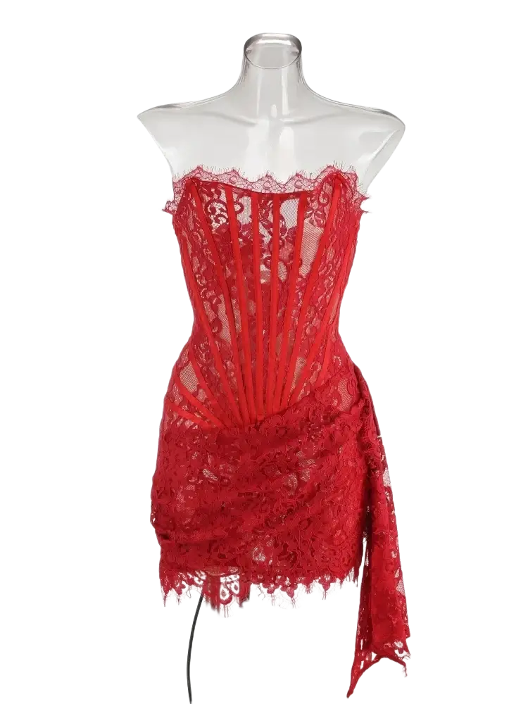 Black lace corset party dress featuring a vibrant red lace corset with intricate floral patterns and a fitted bodice