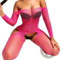 Black lace long sleeve bodysuit featuring vibrant pink mesh material with cutouts for a bold look