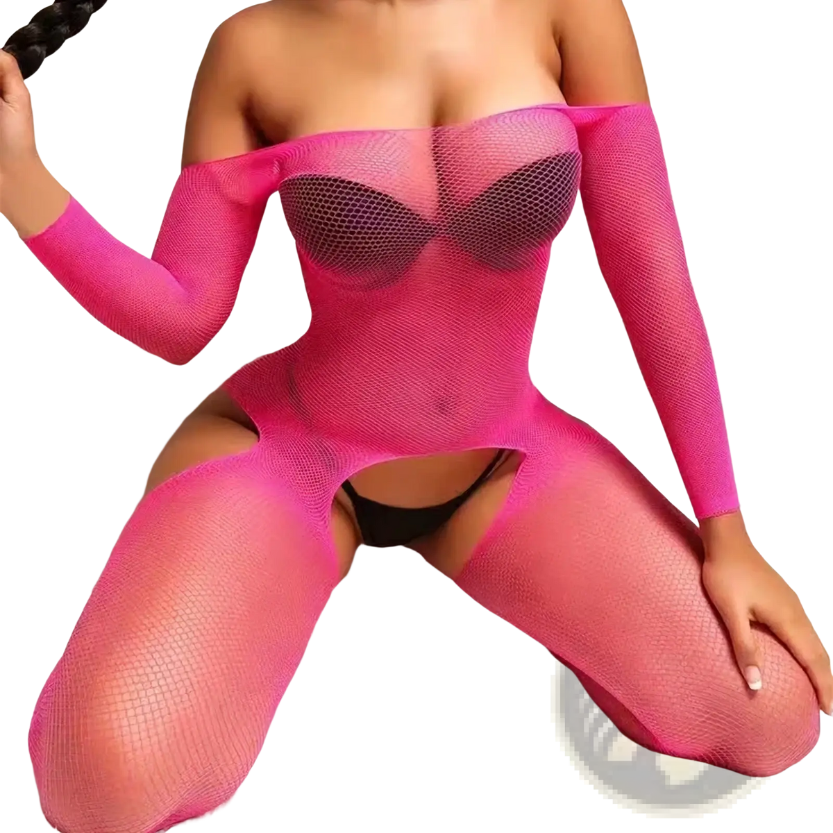 Black lace long sleeve bodysuit featuring vibrant pink mesh material with cutouts for a bold look