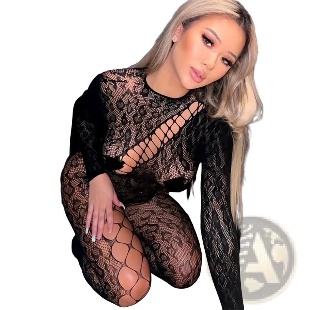 Black lace long sleeve bodysuit with sheer fishnet pattern and cut-out detailing in a sophisticated design