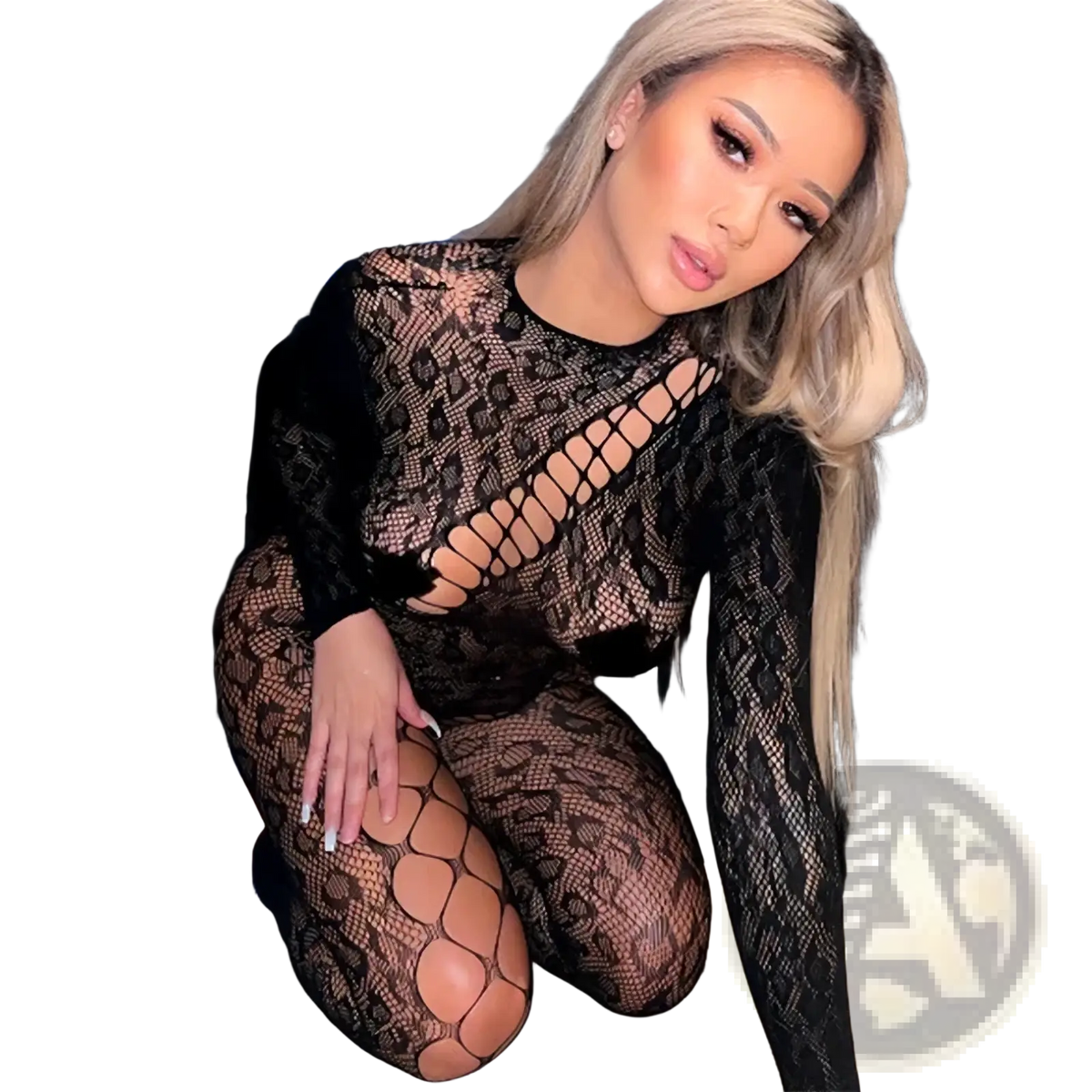 Black lace long sleeve bodysuit with sheer fishnet pattern and cut-out detailing in a sophisticated design