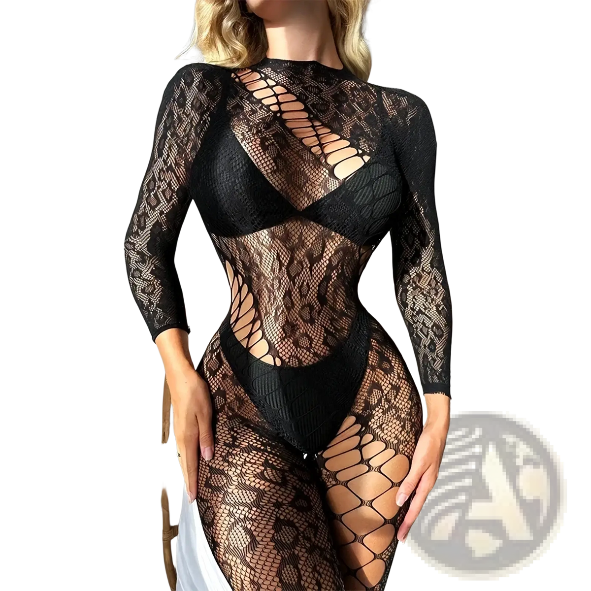 Black lace long sleeve bodysuit with high neckline featuring intricate mesh patterns and cut-out details