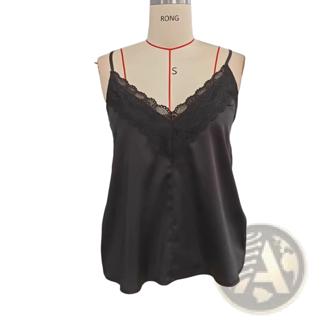 Black lace satin camisole top featuring delicate lace trim along the neckline and thin spaghetti straps