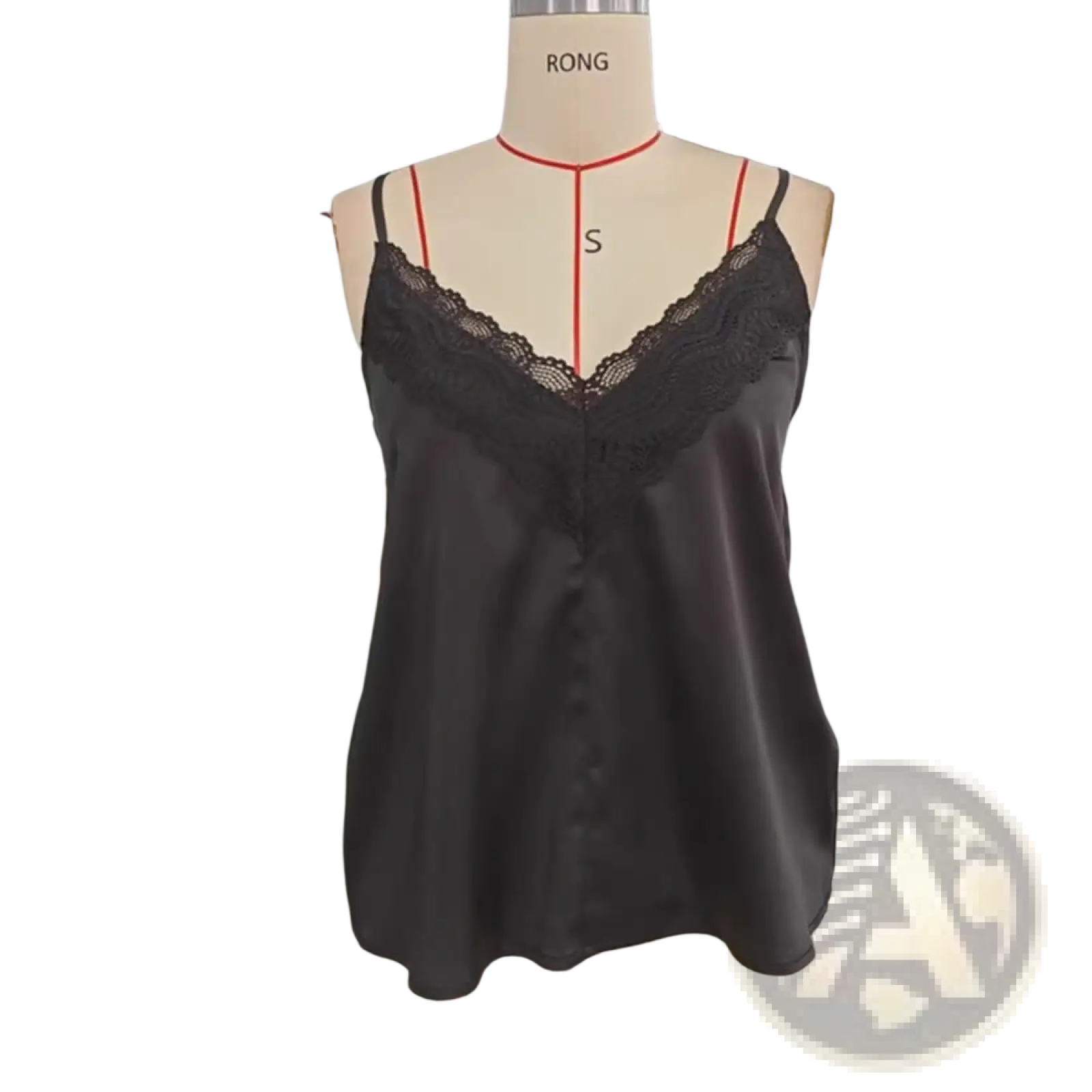 Black lace satin camisole top featuring delicate lace trim along the neckline and thin spaghetti straps