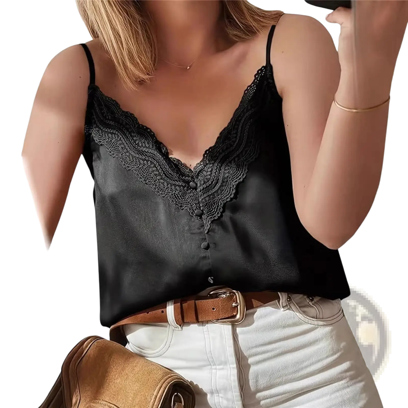 Black lace satin camisole top featuring delicate lace trim and button front detail in black satin fabric